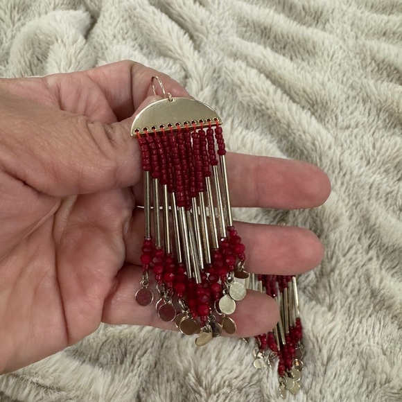 Red Beaded Fringe Earrings | Boho Dangle Statement - Picture 3 of 3